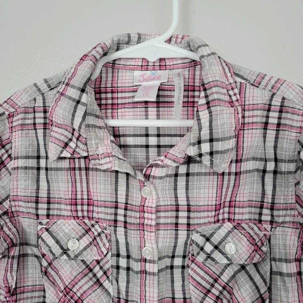 Justice Girls 10 Pink White Black Plaid Short Sleeve Shirt Button Up Top
